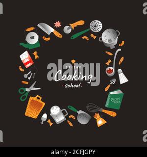 Corsi di cucina online, cornice vettoriale, banner o poster template con spazio copia per scuola di cucina, corona disegnata a mano con illustrazioni Illustrazione Vettoriale