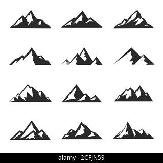 Icone di montagna impostato su sfondo bianco. Vettore Illustrazione Vettoriale