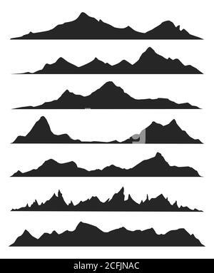 Silhouette di montagna sullo sfondo bianco. Insieme vettoriale di elementi di progettazione esterni. Illustrazione Vettoriale