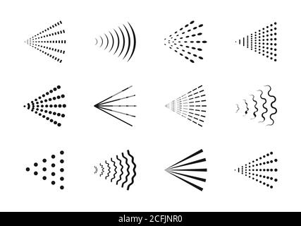 Icone del vapore spray. Vector Cleaning deodorante linea spruzzata set di icone, spruzzando acqua ugello vapore flussi vettoriali segni Illustrazione Vettoriale