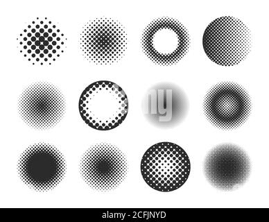 Mezzitoni cerchio. Set di nove elementi di disegno astratti con sfumatura radiale vettoriale a mezzitoni Sunburst a forma di cerchio Illustrazione Vettoriale