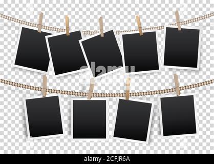 Carta cornice fotografica stile retro Hanging by clip on Rope, sfondo trasparente. Illustrazione Vettoriale