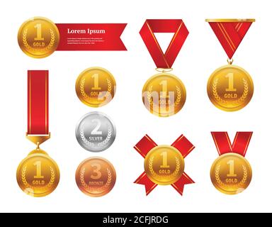 Champion Gold Medals Set Vector. Metal Realistic 1° classificato vincitore. Numero uno. Medaglia rotonda con nastro rosso. Illustrazione Vettoriale