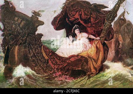 Agrippina il giovane (morto nel 59 d.C.) era figlia di Germanico e madre dell'imperatore Nerone. Tacitus sostiene che Nero considerava l'avvelenamento o lo stabbing di Agrippina, ma riteneva che questi metodi fossero troppo difficili e sospetti, così si stabilì costruendo una barca autosondante. Anche se consapevole della trama, Agrippina si imbarcò su questa barca (vista qui) e fu quasi schiacciata da un soffitto di piombo collassante solo per essere salvato dal lato di un divano che rompe la caduta del soffitto. L'equipaggio ha affondato la barca, ma Agrippina ha nuotato a riva; la sua amica, Acerronia Polla, è stata attaccata da arristi mentre era ancora in acqua, e. Foto Stock