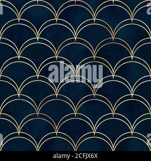 Mermaid pesce scala onda giapponese magico modello senza giunture. Acquerello disegnato a mano scuro colore teal sfondo con profilo oro. Scala acquerello a forma di Foto Stock