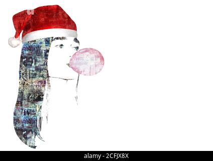 Mixed media arte di moda contemporanea Felice anno nuovo e allegra illustrazione di Natale. Ragazza in rosso Babbo Natale cappello soffiando una bolla di colore rosa di chewi Foto Stock