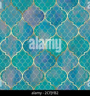 Disegno geometrico senza giunture astratto di acquerello. Texture marocchina decorativa d'epoca con linea oro. Acquerello disegnato a mano blu teal turchese oro Foto Stock