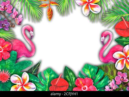 Astratto estate acquerello tropicale paradiso. Piante tropicali di carta colorate disegnate a mano, fenicottero rosa su sfondo bianco per striscioni, inviti, poste Foto Stock