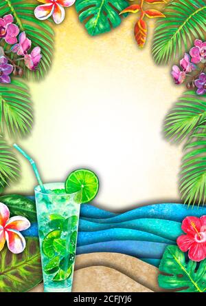 Astratto estate acquerello mare onda, spiaggia di sabbia, piante tropicali, mojito cocktail sfondo. Onde di carta disegnate a mano, pavone per invito, poster. Foto Stock