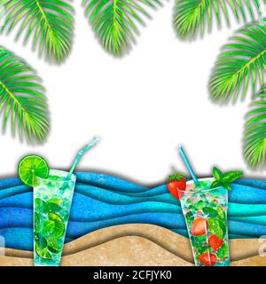 Astratto estate acquerello mare onda, spiaggia di sabbia, foglie di palma, mojito cocktail sfondo. Onde di carta disegnate a mano, pavone per invito, poster. PA Foto Stock
