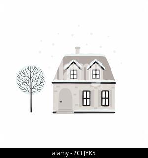 Cartoon Casa d'inverno. Immagine vettoriale di una casa di Natale e di un albero coperto di neve. Illustrazione Vettoriale