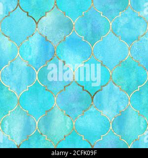 Motivo marocchino decorativo vintage senza cuciture con linea oro. Acquerello disegnato a mano chiaro sfondo blu teal. Elemen orientali geometrici di acquerello Foto Stock