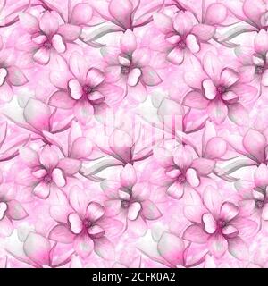 Acquerello bellissimi fiori magnolia motivo senza cuciture su sfondo grunge. Acquerello disegnato a mano rosa primavera elegante illustrazione botanica. Stampa Foto Stock
