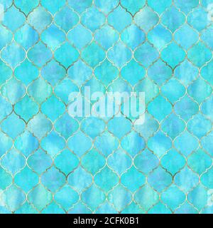 Motivo marocchino decorativo vintage senza cuciture con linea oro. Acquerello disegnato a mano chiaro sfondo blu teal. Elemen orientali geometrici di acquerello Foto Stock