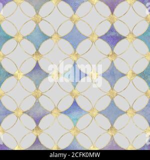 Acquerello senza cuciture colorato oro glitter trama astratta. Acquerello sfondo viola disegnato a mano con cerchi di grunge sovrapposti e contou dorato Foto Stock