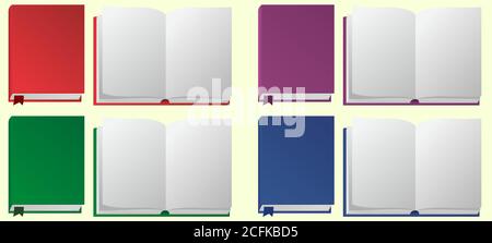 Bellissimo set con diversi colori libri aperti e chiusi su sfondo bianco Illustrazione Vettoriale