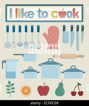 Set con varie illustrazioni di utensili da cucina. Casseruola, coltelli, un rullo e un guanto da cucina, ... tutto ciò di cui hai bisogno se ti piace cucinare. Illustrazione Vettoriale