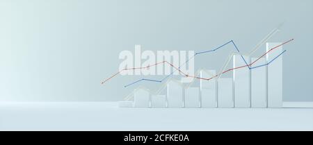Rendering 3d dei dati finanziari crescente grafico a barre in crescita, grafico della crescita aziendale su sfondo bianco, panoramico Foto Stock