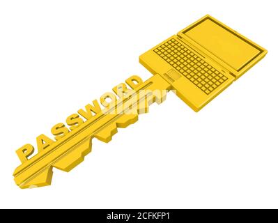 Tasto di accesso alle informazioni personali. Chiave dorata sotto forma di notebook con password di parola isolata su sfondo bianco. Illustrazione 3D Foto Stock
