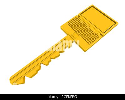 Tasto di accesso alle informazioni personali. Chiave dorata in forma di notebook isolato su sfondo bianco. Illustrazione 3D Foto Stock