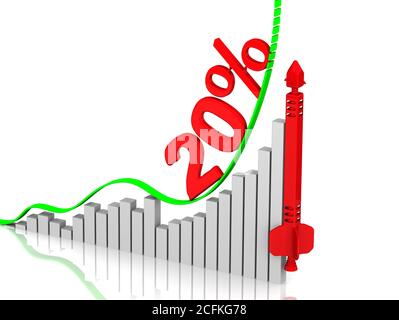 Grafico di rapida crescita con testo rosso 20% e razzo concettuale rosso. Isolato. Illustrazione 3D Foto Stock