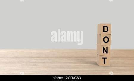Non parlare cubetti di legno sul tavolo verticale su sfondo grigio chiaro HD, mock up, template, banner copyspace per il testo, non fare qualcosa, stop, Foto Stock