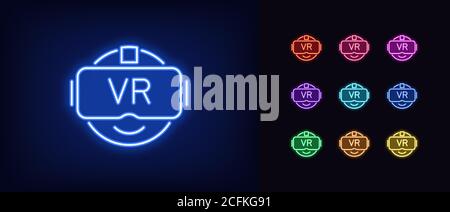 Icona occhiali VR al neon. Emoji al neon brillante con visore VR, tecnologia di gioco VR con colori vivaci. Gadget per videogamer, dispositivo di gioco di realtà virtuale. IC Illustrazione Vettoriale