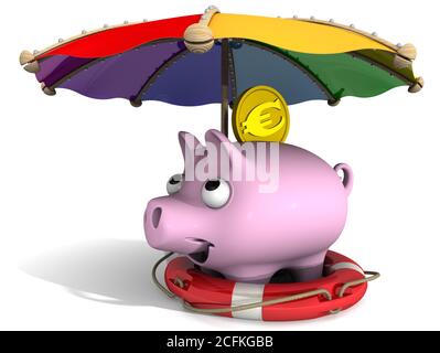 Una moneta con il simbolo della moneta europea nella salvavita sotto un ombrello. Il concetto di sicurezza del risparmio Foto Stock