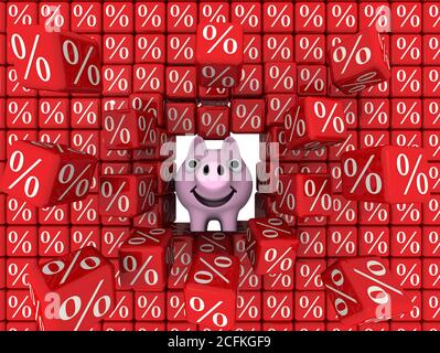 Allegro maiale piggy banca rompere un muro di cubi rossi con il simbolo percentuale. Concetto finanziario. Isolato. Illustrazione 3D Foto Stock