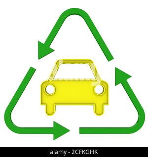Cartello riciclaggio auto. Simbolo giallo dell'auto e frecce verdi disposte a triangolo. Isolato. Illustrazione 3D Foto Stock