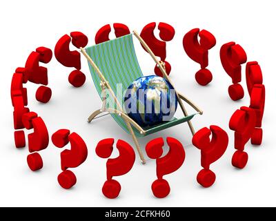 Il problema di scegliere un luogo di riposo. Una chaise lounge con globo circondato da punti interrogativi rossi si trova su una superficie bianca. Illustrazione 3D Foto Stock