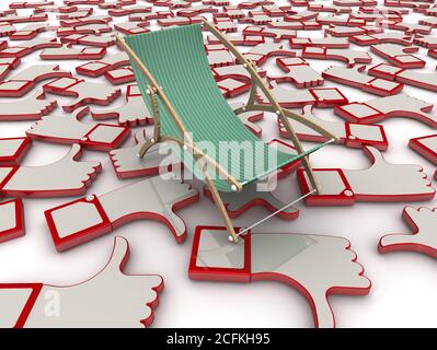Recensioni sul resto. Il concetto. Sedia da spiaggia vuota giace a mano gesti consenti e approvazioni (POLLICI SU e POLLICI GIÙ). Illustrazione 3D Foto Stock