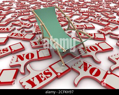 Recensioni sul resto. Il concetto. Sedia da spiaggia vuota giace a mano gesti consenti e approvazioni (POLLICI SU e POLLICI GIÙ). Illustrazione 3D Foto Stock