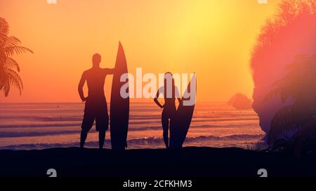 Silhouette di surfisti su uno sfondo di tramonto nell'oceano. Foto Stock