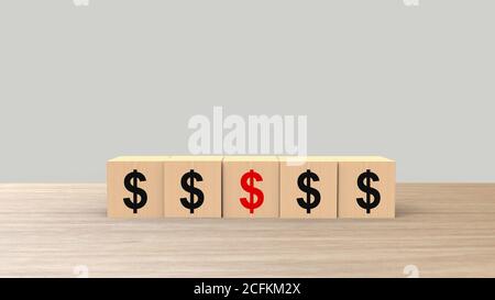 Dollaro simbolo parola di segno cubetti di legno sul tavolo orizzontale grigio chiaro sfondo HD, mock up, modello, banner con spazio di copia per il testo, risk management Foto Stock