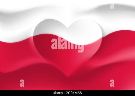 Polonia con amore. Bandiera nazionale polacca con onde a forma di cuore. Sfondo in colori della bandiera di polacco. Forma del cuore, illustrazione vettoriale Illustrazione Vettoriale