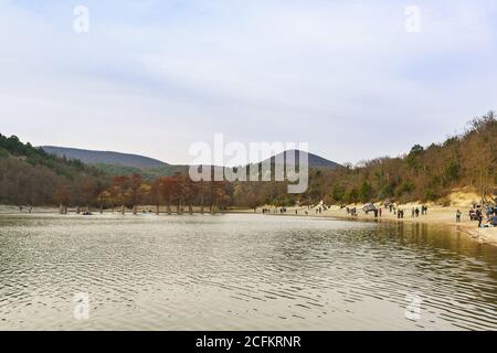 Russia, Krasnodar, Sukko - Novembre 19.2017: Persone che navigano sul lago Sukko con Taksodium a due voga, o Swamp Cypress (lat. Taxodium distichum) e. Foto Stock