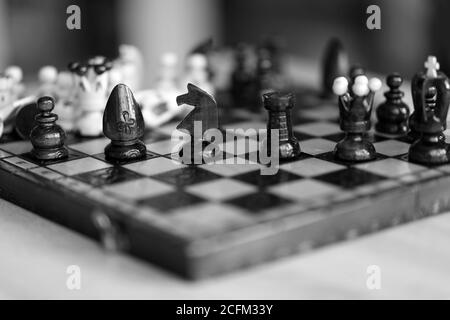 Pezzi di scacchi su tavola di legno colore bianco e nero. I pezzi includono la pedina, il re, la regina, il vescovo, il cavaliere e il rook. Foto Stock