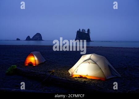 Tende incandescenti che si accamparono sulla spiaggia sotto il mare stack sulla costa di Washington, Scotts Bluff, Olympic National Park, Washington, USA Foto Stock