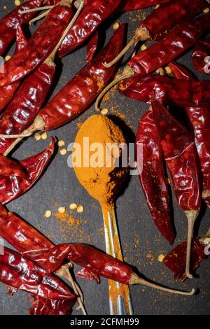 Peperoncino rosso in polvere in cucchiaio sui tavoli Foto Stock