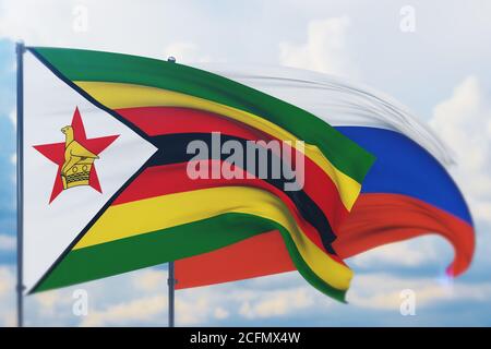 Sventolare bandiera russa e bandiera dello Zimbabwe. Vista in primo piano, illustrazione 3D. Foto Stock
