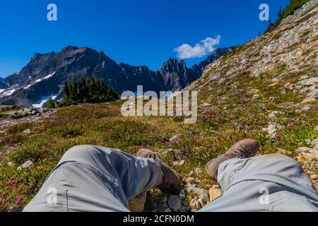 Escursionista che riposa al bordo di un prato lungo il Sahale Arm Trail, con Mix-Up Peak e le Triplette Distant, North Cascades National Park, Washington state, USA Foto Stock