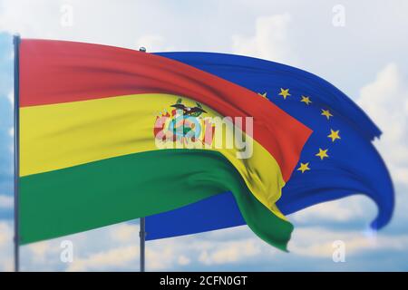 Bandiera dell'Unione europea e bandiera della Bolivia. Vista in primo piano, illustrazione 3D. Foto Stock