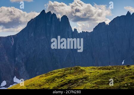 Prato subalpino lungo il Sahale Arm Trail con le scogliere ombreggiate dei Triplets e Cascade Peak, North Cascades National Park, Washington state, USA Foto Stock