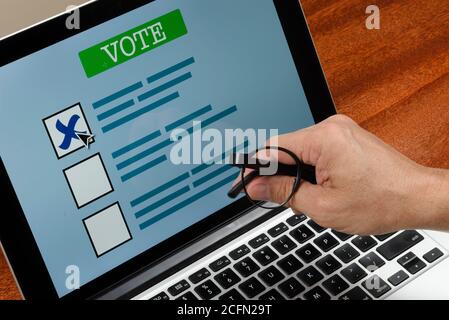 Persona che vota sul computer via Internet Foto Stock