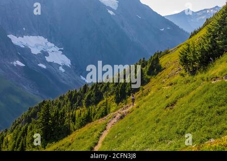 Karen Rentz scendendo attraverso prati subalpini lungo il Sahale Arm Trail, North Cascades National Park, Washington state, USA Foto Stock