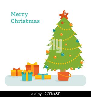 Biglietto d'auguri natalizio, albero con scatole regali e decorazioni ornamenti, stelle e ghirlande. Capodanno e Natale design tradizionale. Moderna Happy cartoon vacanze. Illustrazione vettoriale Illustrazione Vettoriale