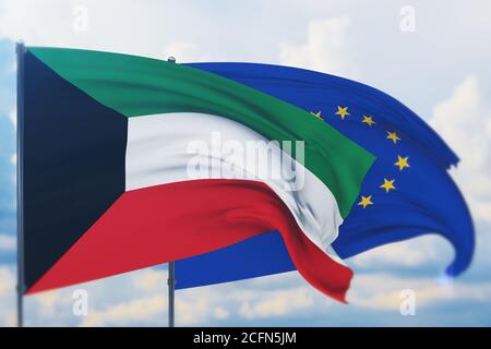 Sventolare la bandiera dell'Unione europea e la bandiera del Kuwait. Vista in primo piano, illustrazione 3D. Foto Stock