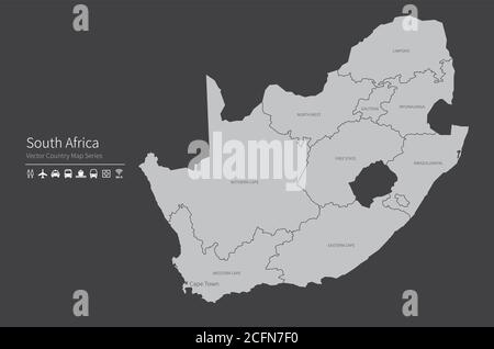 Mappa del Sud Africa. Mappa nazionale del mondo. Serie di mappe dei paesi di colore grigio. Illustrazione Vettoriale