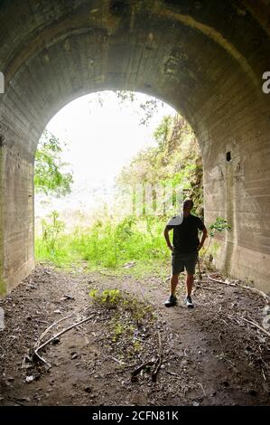 Un uomo in un tunnel ferroviario abbandonato in una fitta foresta e giungla. Kwa Zulu-Natal, Sudafrica. Foto Stock